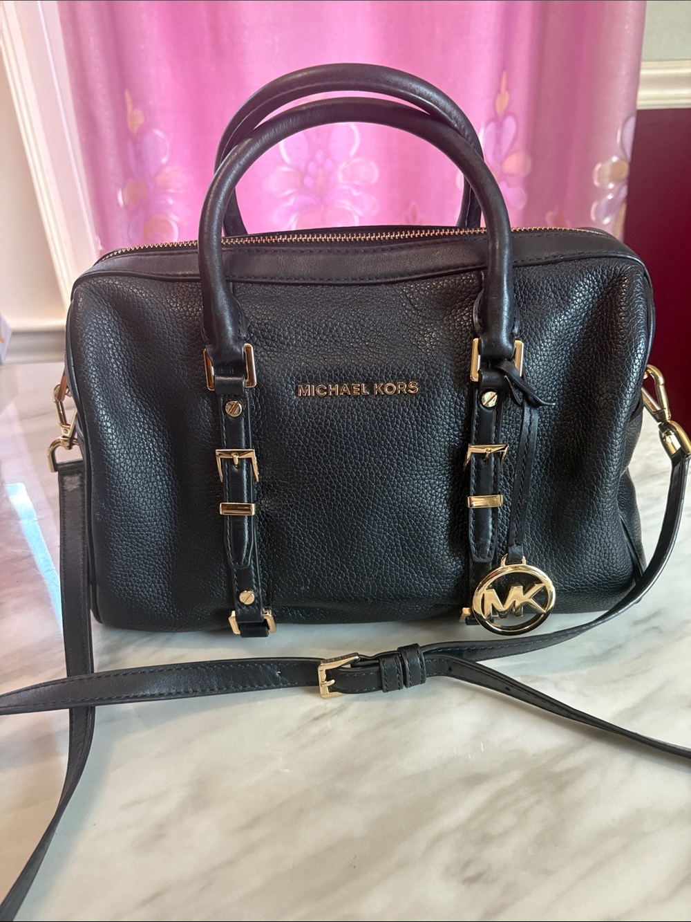 Michael Kors Black Pebbled Leather Satchel with Gold Accents